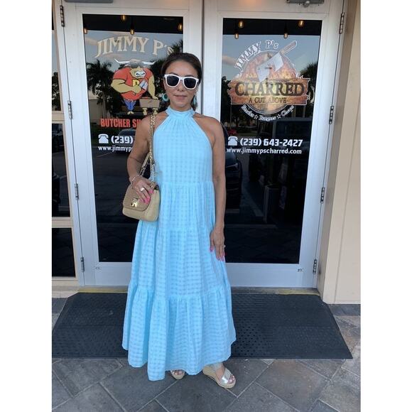 TRINA TURK Sky Blue 100% Cotton Halter Neck Sunglasses Maxi Dress Size XL - Picture 16 of 16